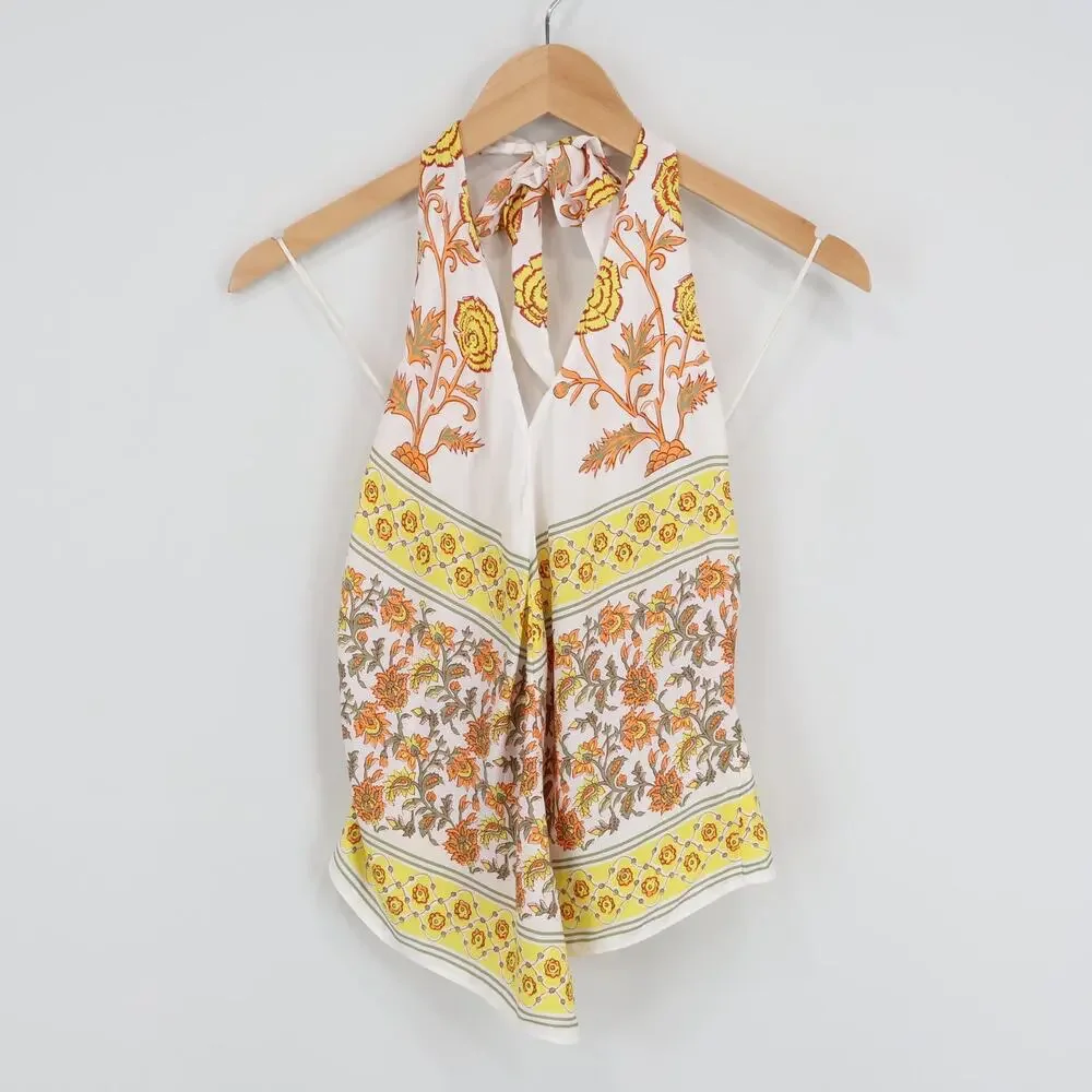 J.Crew Open Back Halter Top Sunset Rose Block Print Pristine Size XXS NWT